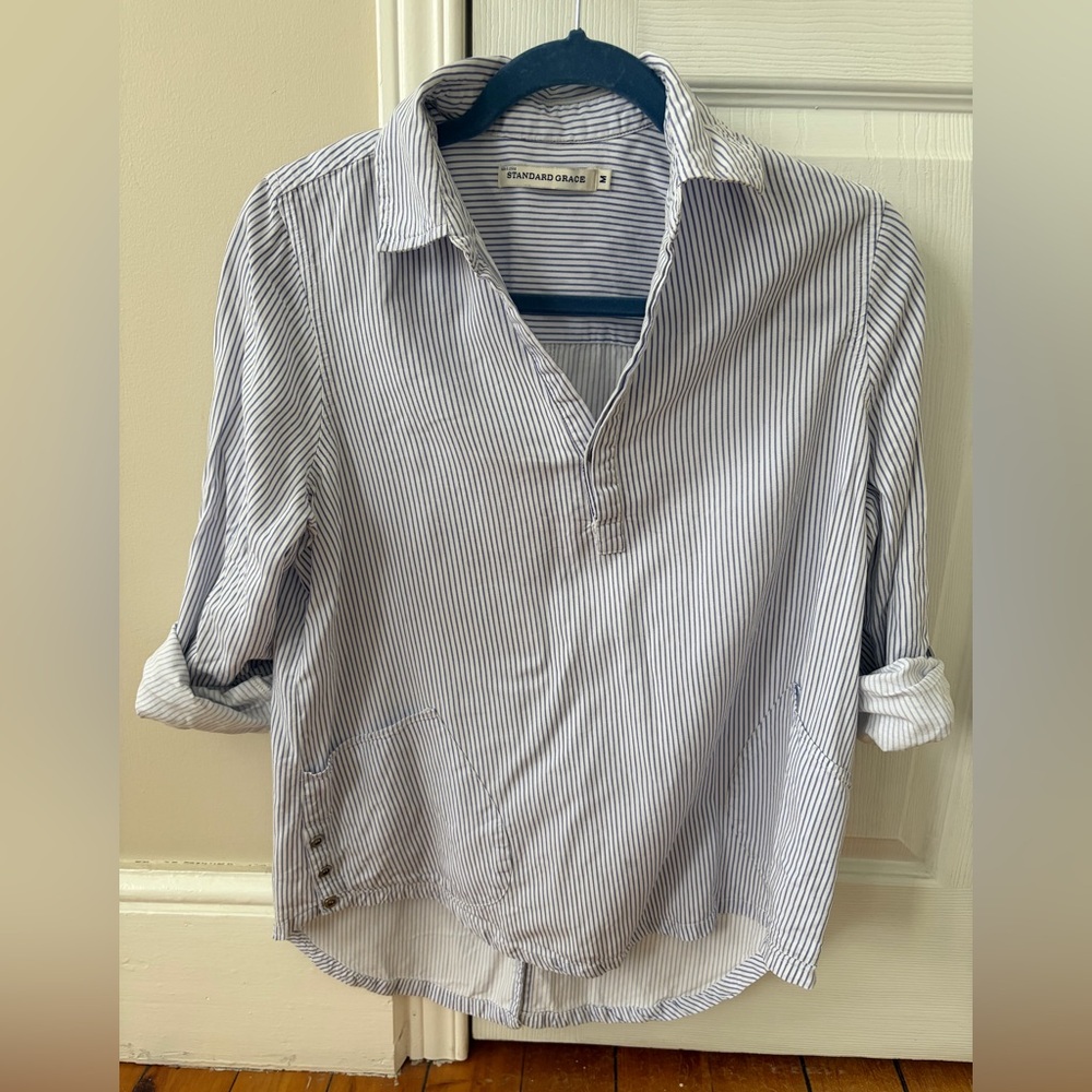 🌸 2 for 30 🌸 Lyocell Blue & White Striped Popover Shirt with Button Details